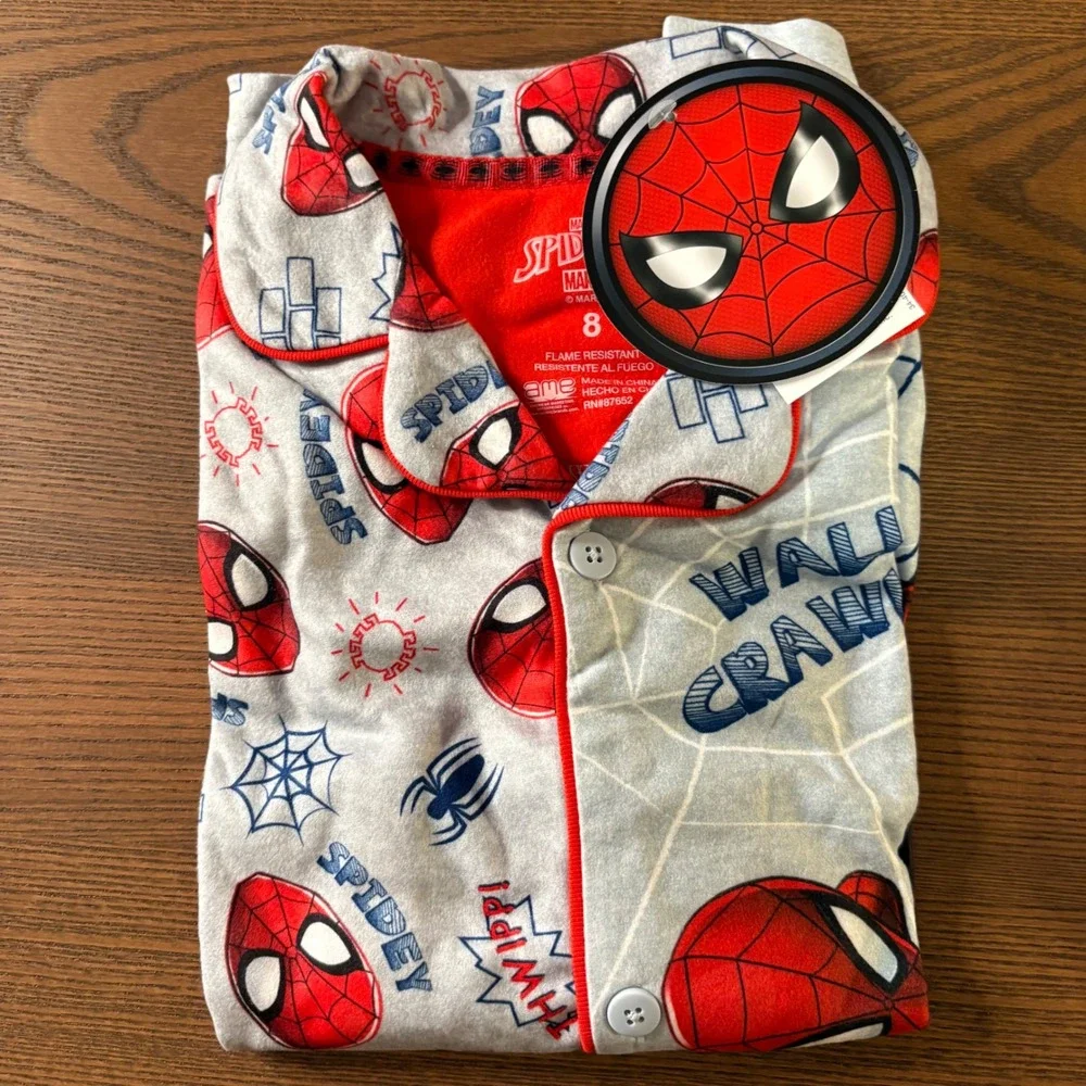 Marvel Spider-Man Boys Pajama Set Coat Style Sz 8 Wall Crawler Fleece Sleepwear‎